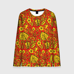 Лонгслив мужской Хохломская роспись золотистые цветы на красном фон, цвет: 3D-принт