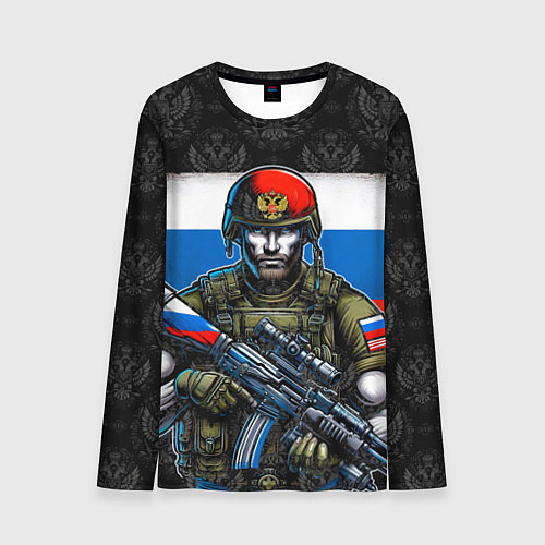 Мужской лонгслив Русский солдат на фоне флага / 3D-принт – фото 1