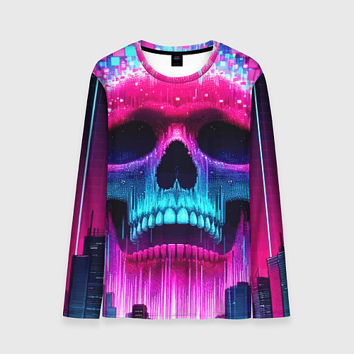 Мужской лонгслив Pixel skull blast brain - cyber city ai art / 3D-принт – фото 1