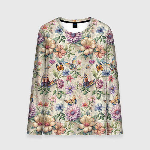 Мужской лонгслив Летний узор с цветами и бабочками / 3D-принт – фото 1
