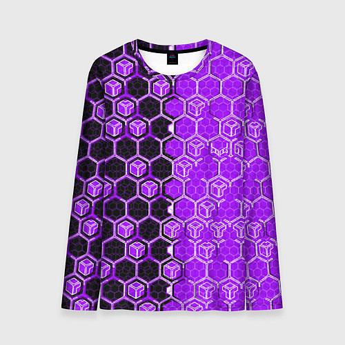 Мужской лонгслив Техно-киберпанк шестиугольники фиолетовый и чёрный / 3D-принт – фото 1