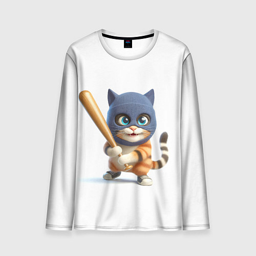 Мужской лонгслив Прикольный котёнок с бейсбольной битой и в балакла / 3D-принт – фото 1