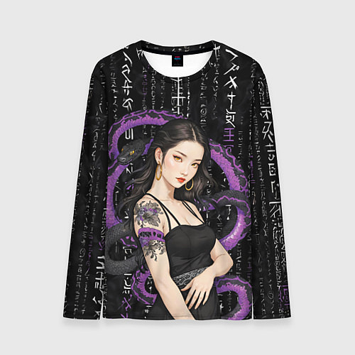 Мужской лонгслив Девушка с тату на руке и пурпурная змея / 3D-принт – фото 1
