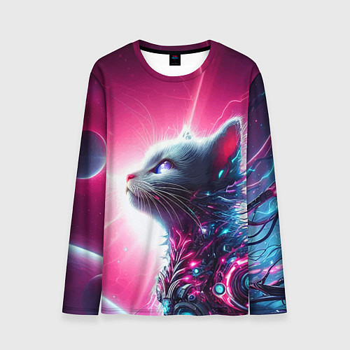 Мужской лонгслив Космический кибер котёнок - неоновое свечение / 3D-принт – фото 1