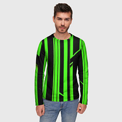Лонгслив мужской Толстые зелёные полосы на чёрном фоне, цвет: 3D-принт — фото 2