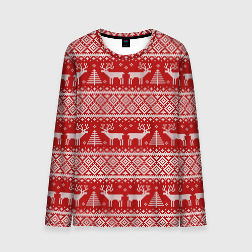 Мужской лонгслив Вязаный новогодний орнамент с оленями и ёлками / 3D-принт – фото 1