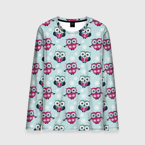 Мужской лонгслив Новогодний паттерн с милыми совами и снежинками / 3D-принт – фото 1