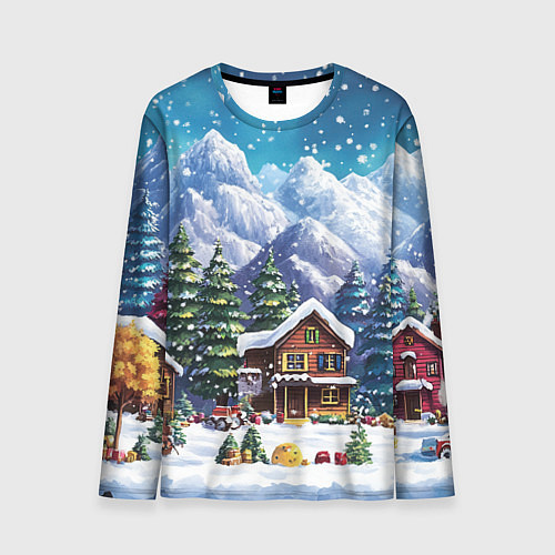 Мужской лонгслив Дома в зимнем новогоднем пейзаже / 3D-принт – фото 1
