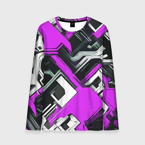 Мужской лонгслив Бело-фиолетовый техно паттерн на чёрном фоне / 3D-принт – фото 1