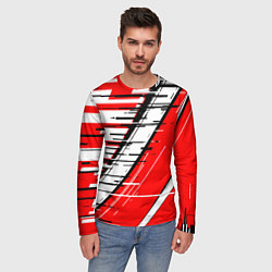 Лонгслив мужской Чёрно-белые глитч полосы на красном фоне, цвет: 3D-принт — фото 2