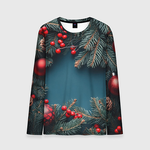 Мужской лонгслив Новогодний фон и рябина / 3D-принт – фото 1
