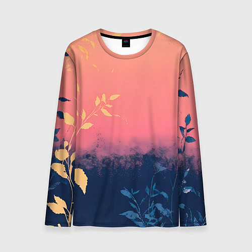 Мужской лонгслив Листья на сине-розовом фоне - нейросеть / 3D-принт – фото 1