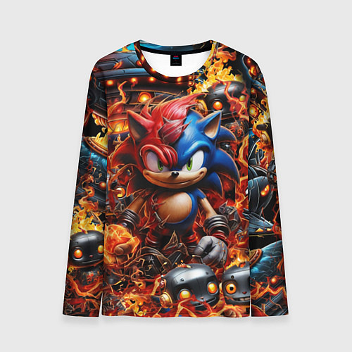 Мужской лонгслив Соник и Наклз на фоне огня и роботов / 3D-принт – фото 1