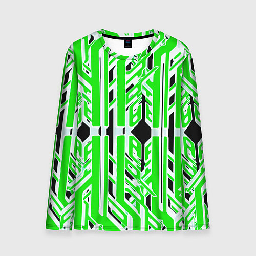 Мужской лонгслив Бело-зелёные техно полосы на чёрном фоне / 3D-принт – фото 1