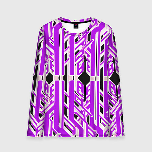 Мужской лонгслив Бело-фиолетовые техно полосы на чёрном фоне / 3D-принт – фото 1