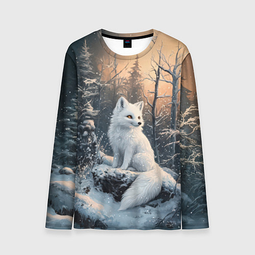 Мужской лонгслив Белый лисенок в зимнем лесу / 3D-принт – фото 1