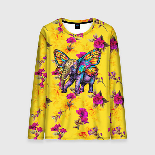 Мужской лонгслив Слон с крыльями бабочки на цветочном фоне / 3D-принт – фото 1