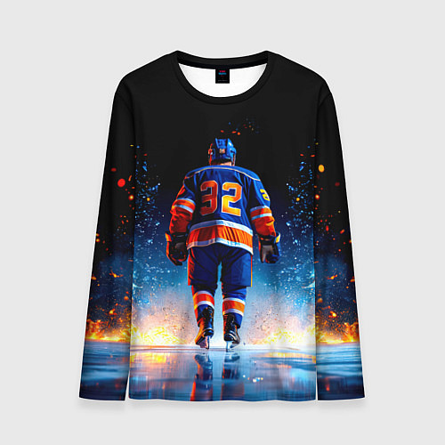 Мужской лонгслив Хоккеист в синем пламени / 3D-принт – фото 1