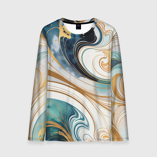 Мужской лонгслив Аквамарин и оранж узор с завитками / 3D-принт – фото 1