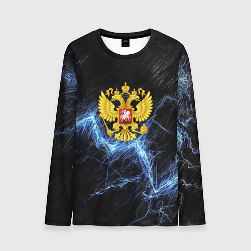 Мужской лонгслив Герб РФ на черной текстуре с синими потертостями / 3D-принт – фото 1