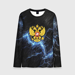Мужской лонгслив Герб РФ на черной текстуре с синими потертостями