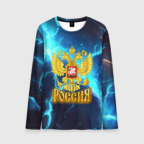 Мужской лонгслив Россия герб на синих молниях / 3D-принт – фото 1