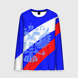 Лонгслив мужской Герб России на фоне триколора синий, цвет: 3D-принт