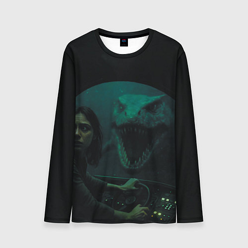 Мужской лонгслив Тилозавр нападает на батискаф с девушкой ужасы / 3D-принт – фото 1