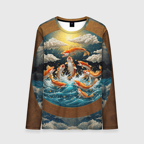 Мужской лонгслив Большие золотистые рыбы выпрыгивают из воды / 3D-принт – фото 1