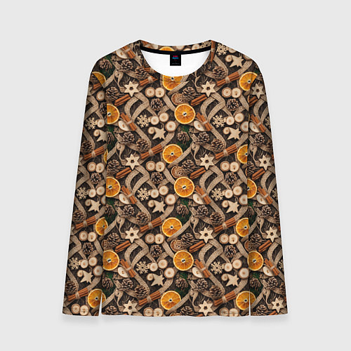Мужской лонгслив Новогодний орнамент с корицей и дольками апельсина / 3D-принт – фото 1