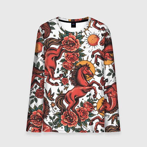 Мужской лонгслив Красный конь в стиле татуировки / 3D-принт – фото 1