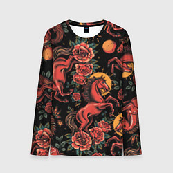 Мужской лонгслив Красная лошадь с розами