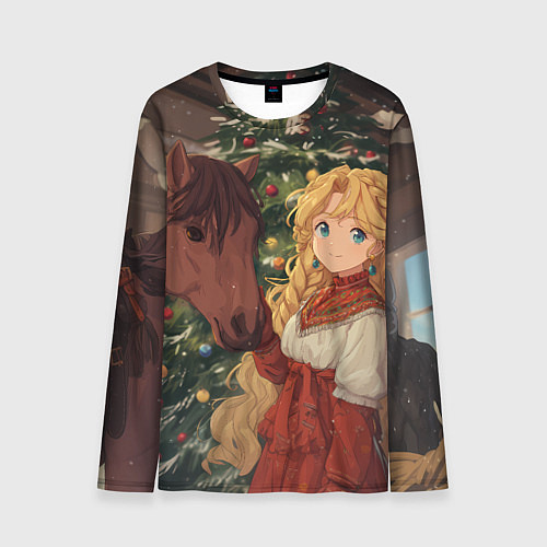 Мужской лонгслив Аниме девочка с лошадкой встречают Новый год / 3D-принт – фото 1