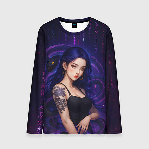 Мужской лонгслив Девушка с тату на руке и пурпурная змея / 3D-принт – фото 1