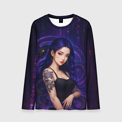 Мужской лонгслив Девушка с тату на руке и пурпурная змея