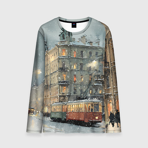 Мужской лонгслив Трамваи в зимнем Санкт-Петербурге / 3D-принт – фото 1