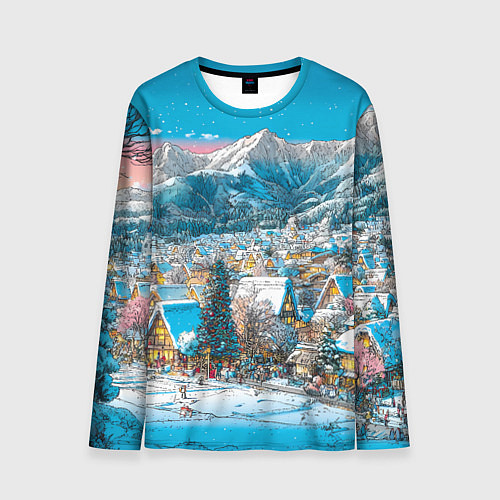 Мужской лонгслив Новогодняя деревушка в горах / 3D-принт – фото 1