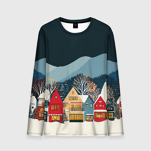 Мужской лонгслив Новогодний городок в горах / 3D-принт – фото 1