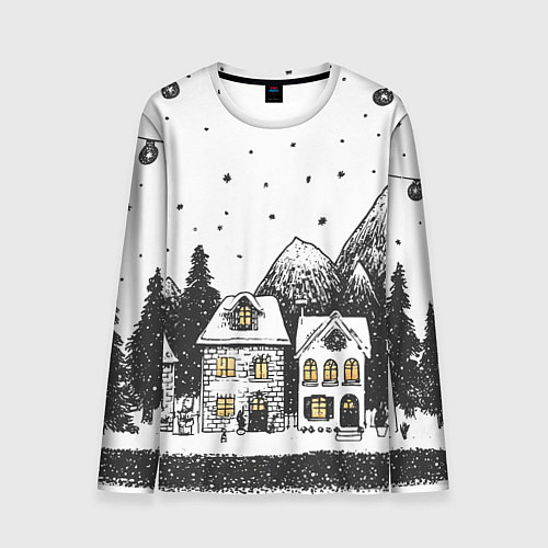 Мужской лонгслив Черно-белый новогодний город / 3D-принт – фото 1