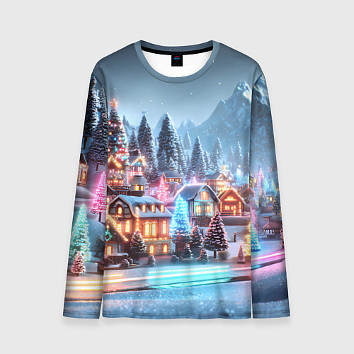 Мужской лонгслив Городок в новогодних огоньках / 3D-принт – фото 1