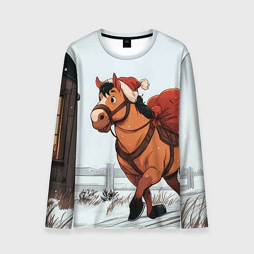 Мужской лонгслив Лошадка везет новогодние подарки / 3D-принт – фото 1