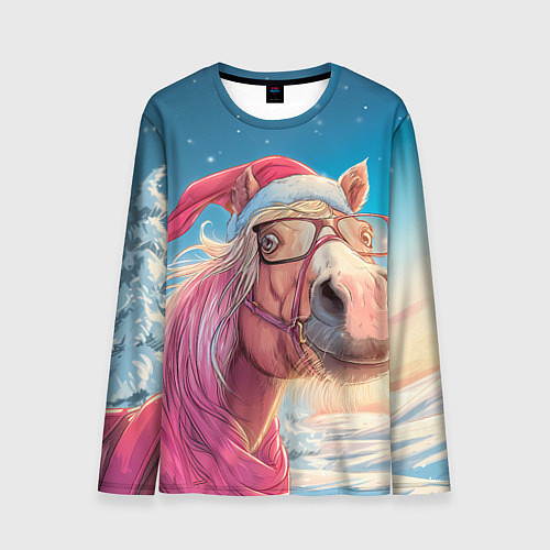 Мужской лонгслив Новогодняя лошадь в очках / 3D-принт – фото 1