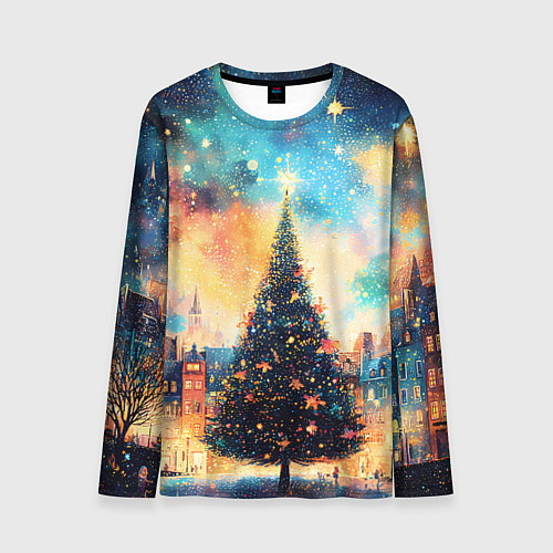 Мужской лонгслив Новогодняя елка за городом / 3D-принт – фото 1