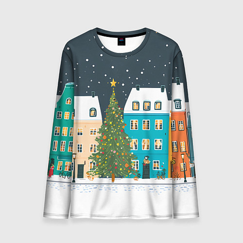 Мужской лонгслив Новогодний снежный город / 3D-принт – фото 1
