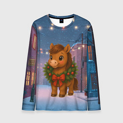 Лонгслив мужской Лошадка с новогоднем венком 2026, цвет: 3D-принт