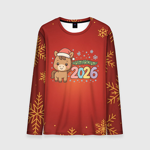 Мужской лонгслив Новогодняя лошадка 2026 на красном фоне / 3D-принт – фото 1