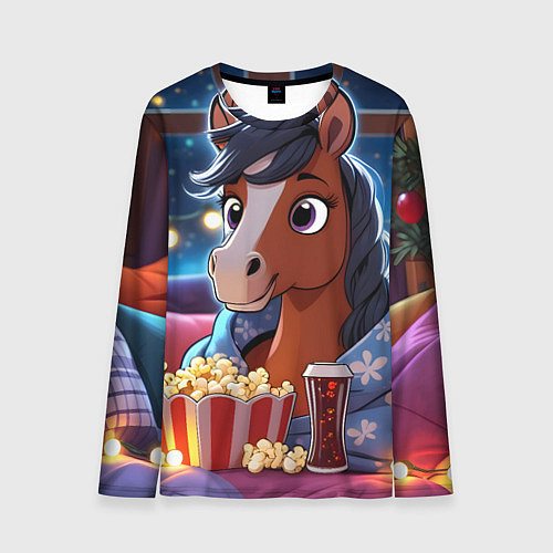 Мужской лонгслив Новогодняя лошадка с попкорном / 3D-принт – фото 1