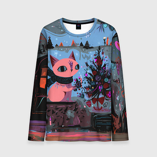 Мужской лонгслив Кошка празднует Новый год / 3D-принт – фото 1