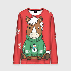Лонгслив мужской Новогодняя лошадка в зеленом свитере, цвет: 3D-принт