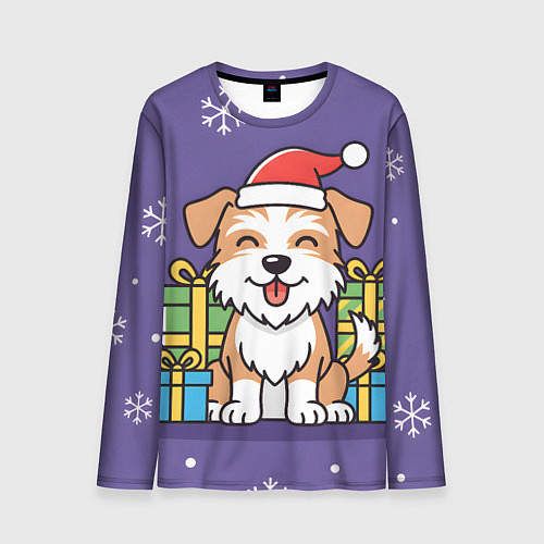 Мужской лонгслив Новогодняя собачка с подарками / 3D-принт – фото 1
